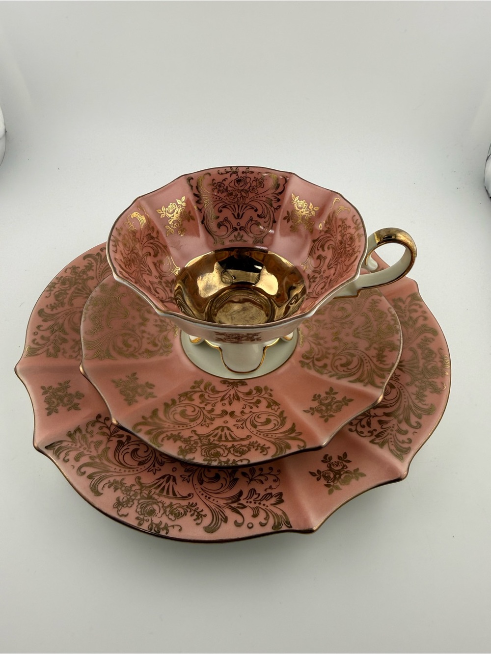 Vintage 1950s Alka Kunst Bavaria Pink & Gold Porcelain Teacup Trio Set